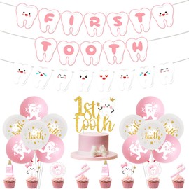 Erste Zahnbanner Ballons Dekorationen, Rosa Erster Zahn Banner Glitzer 1. Zahn Kuchen Topper Cupcake Toppers Latex Ballons Zahn Party Dekorationen für Mädchen 1. Zahn Baby Shower Party Supplies