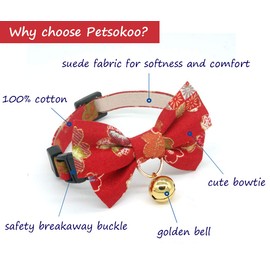 PetSoKoo Double Bowtie Breakaway Cat Collar with Bell. Japan Colorful Sakura Kimono Style. 105% Cotton. Soft, Cute for Girl Male Adult Cats Collar,Red