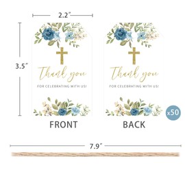 Baptism Thank You Tags, 50 Pcs Cross Design Thank You for Celebrating with Us Paper Tags for Newborn Baby Shower Birthday (Blue)