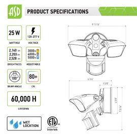 ASD 25W 2500LM LED Outdoor Security Light Motion Sensor Flood Light, 3000K/4000K/5000K, IP65 Waterproof, Motion Detection Outside Light for Garage, Yard, Porch, Long Lifespan 60,000 Hours, ETL