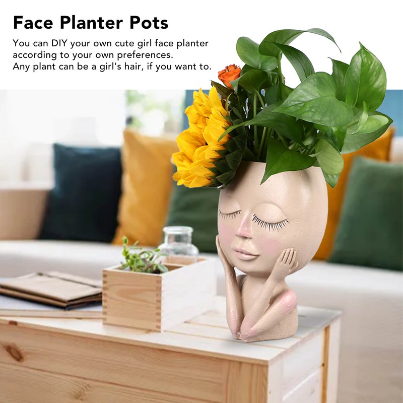 Unique Head Plant Pot with Drainage Hole Resin DIY Face