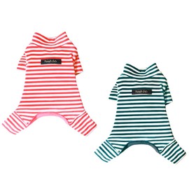 Hdwk&Hped Soft Cotton Dog Pajamas for All Seasons, Striped Pet Bottoming Jumpsuit for Small Dog Cat Puppy (#1, Striped Style - 2-Pack(red&Dark Green))