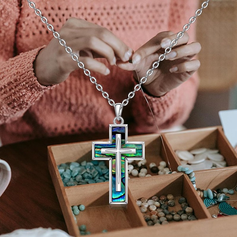 Abalone Cross Necklace for Women Sterling Silver Cross Pendant Jewelry
