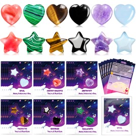iMopo Valentines Day Gifts for Kids Classroom-24 Pack Heart Star Shape Crystal Stones with Valentines Cards Goodie Bags, Valentine Exchange Natural Love Healing Crystal Rock Gemstone for Girls Boys School Class