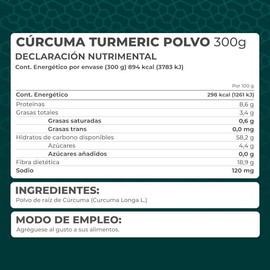 PRONAT | Cúrcuma Turmeric, Suplemento Alimenticio, Alimento en Polvo, Bolsa con 300 gramos