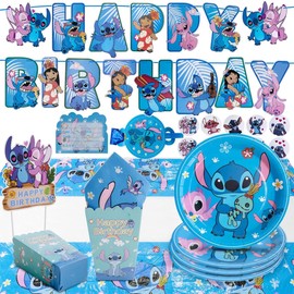 Stitch kids Birthday Party Supplies decoration Set – 125PCS, for16 Guests,1Tablecloth,16 Plates,16Napkins, Banner, Stickers, Cake Topper,16 Invitations card with envolopes,16 Blowouts &16Popcorn Boxes
