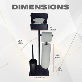 Black Freestanding Toilet Paper Holder with Brush | No Drill Bathroom Organizer Stand | Rustproof Metal Toilet Paper Stand with Anti-Slip Base and Storage & Brush Holder for Small Bathroom