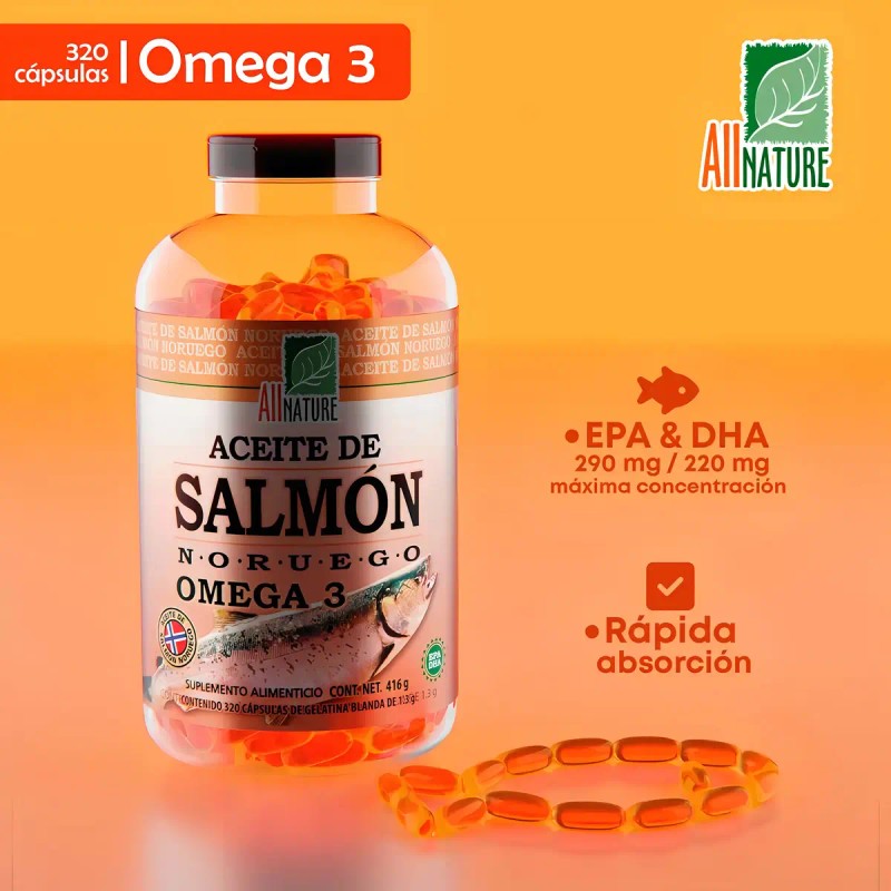 Bote Aceite Salmon Noruego Omega All Nature 320 Cápsulas Sabor