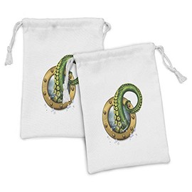 Lunarable Octopus Fabric Pouch Set of 2, Ship Porthole Kraken Tentacles Broken Glass Stormy Ocean Nautical Illustration, Small Drawstring Bag for Toiletries Masks and Favors, 9" x 6", Green Mustard