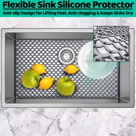 Sink Silicone Protector for Kitchen Sink 28.3''x15.2'' ，Back Drain Kitchen Sink Grid Fitting, Heat Resistant Non-Slip, Farmhouse Stainless Steel Porcelain Sink Bottom Sink Mat