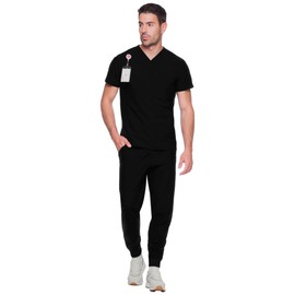 Kanaus | Casual Go Men Scrubs Set - Stretch V-Neck Scrub Top & Jogger Pant with 6 Pockets, Yoga Waistband, Anti-Wrinkle and Fast Dry Scrubs for Men - Black - Medium
