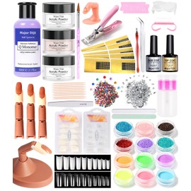 Nail Practice Hand for Acrylic Nail Kit Included 60ml Monomer, 3 Acrylic Powders, Base & Top Coat, Practice Hand, Tools, Glitters, Tips (Clear)