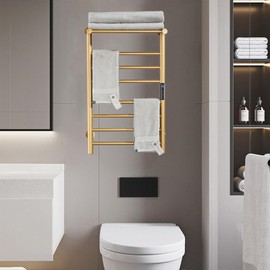 XMGJ Electric Towel Warmer Gold with Timer, 7 Bar Wall Mounted Heated Towel Rack for Bathroom, 304 Stainless Steel Heater Towel Rail with Top Shelf, Energy Efficient 70 W, 720*450*250Mm, Hardwiring