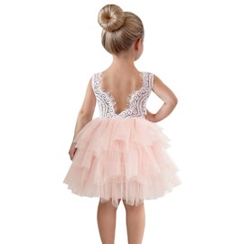 2Bunnies Girl Beaded Peony Lace Back A-Line Tiered Tutu Tulle Flower Girl Dress (Pink Sleeveless Short, 2T)