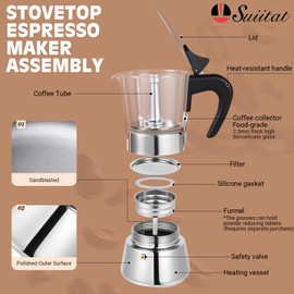Suiitat Induction Moka Pot, 9 Cups (15.9 oz) Crystal Glass-Top & Stainless Steel Moka Pot, Classic Stovetop Espresso Maker, Silver