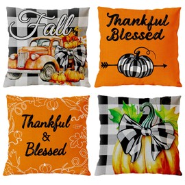 Gosknor 4pcs Fall Pillow Covers, Autumn Outdoor Pillow Covers Thanksgiving Farmhouse Decoration Orange Pumpkin Decorative Cushion Cases for Home Outdoor Indoor Couch Decor