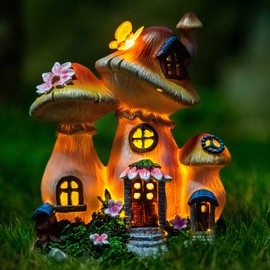 Candieslife Solar Garden Statue Lights Mushroom Fairy House Figurine, Outdoor Memorial Garden Ornaments Waterproof Decoration for Outside Patio Yard Lawn Decor