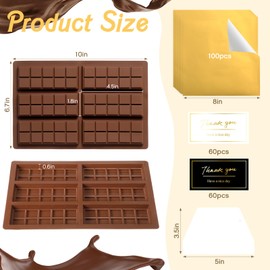 Reallnaive 100 Pcs 8 Inch Large Gold Foil Chocolate Bar Wrappers 1 Pcs Dubai Chocolate Bar Mold Deep 120pcs Thank You Stickers Chocolate Bar Mold for Milk Chocolate Pistachio Candy Snacks