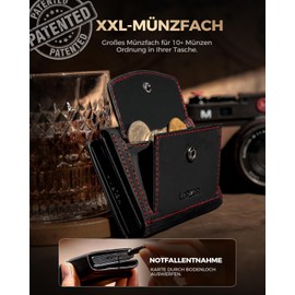 LORZOR AirTag Wallet with XXL Coin Compartment for 10+ Coins, Slim Wallet AirTag, Men's Genuine Leather Wallet, AirTag Wallet Men's Wallet, Card Holder RFID Protection, Smart Wallet, Wallet, black red