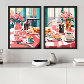 SIGNWIN Framed Set Coffee and Pastry Print Wall Art, Set of 2 Pink Cute Food Art Illustration Wall Décor Prints, Retro Pop Wall Décor for Living Room, Bedroom - 11"x14" Black