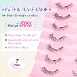EVENTILL Natural Lashes Cat Eye Short Eyelashes Wispy 12MM False Eyelashes with 0.03MM Thin Flake Flat Band Volume False Lashes 7 Pair Fake Eyelash Pack