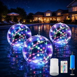 Powfloven 3 Pack Floating Pool Lights Solar Powered, 15" Inflatable Light Up Pool Balls, IP68 Waterproof 16 Colors LED Glow Balls for Pool, Patios, Outdoor Decor, with One Chlo-Rine Floater