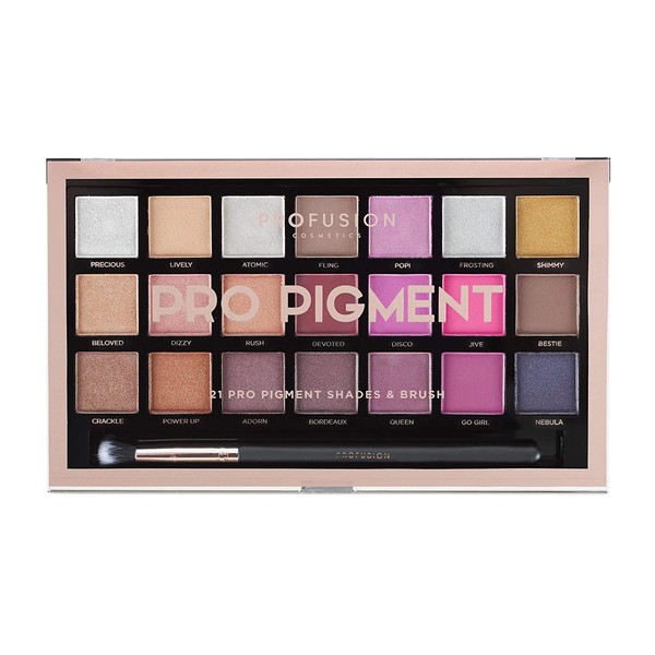 Profusion Cosmetics 21 Shade Eyeshadow Palette Collection & Brush, Pro Pigments