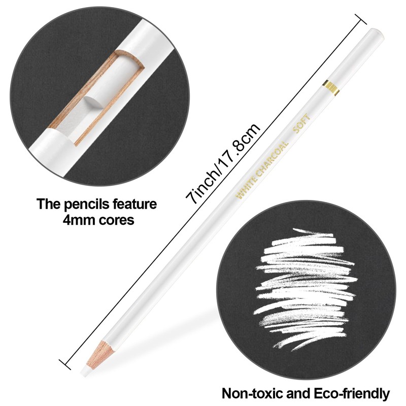 White Charcoal Pencils, Pack of 12 Charcoal Drawing Pencils, Charcoal