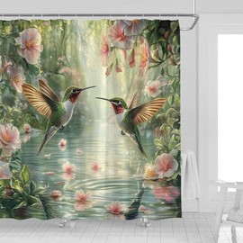 Hummingbird Floral Shower Curtain Watercolor Pink Flower Bird Lake Misty Forest Rustic Blossom Vine Green Leaves Spring Wildflower Landscape Fabric Bathroom Decor Curtains with Hooks,70 x 70