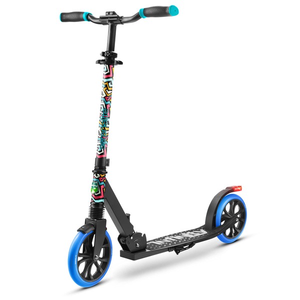 SereneLife Foldable Kick Scooter - Stand Kick Scooter for Teens and Adults with Rubber Grip at Tip, Alloy Deck, Adjustable T-Bar Handlebar Height, Smooth Gliding Wheels, Easy Maneuvering (Graffiti)