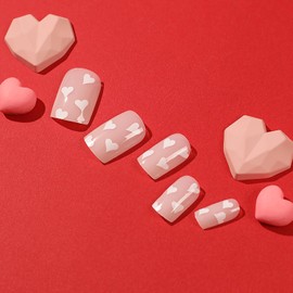 Valentine's Day Press on Nails Short Square Fake Nails Full Cover Nude False Nails with White Love Heart Designs Glossy Glue on Nails Valentine Artificial Acrylic Nails for Women Nail Art Decoration