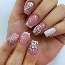 White French Tip Press on Nails Medium Square Fake Nails Glossy Pink Acrylic Full Cover Flower Glue on Nails with Glitter Designs French False Nails Stick on Nails Artificial Nails for Women Girls