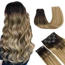 MAXITA Human Hair Extensions Clip in,150g 9pcs Dark Brown Mixed Champagne Blonde 22 Inch,Hair Extensions Clip in Real Human Hair Remy Hair Extensions Clip in Straight Hair Extensions for Woman