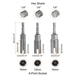HARFINGTON 3pcs Hex Nut Driver Drill Bit Set 10mm 12mm 15mm 6-Points Socket 1/4" Hex Shank Nut Setter CR-V Steel Quick-Change Nut for Power Drills Impact Drivers
