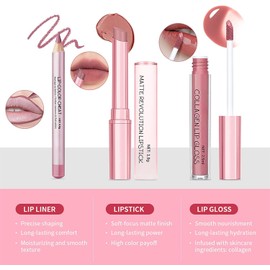 Volume Hack Trio Lip Kit - Lip Liner and Lipstick Combo Set, Long-Lasting, Smudge-Proof, High Pigment Velvet Finish, Hydrating Comfortable Wear (2#)