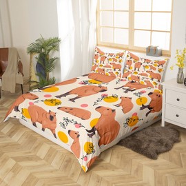 Homewish Cartoon Capybara Bed Linen 135 x 200 cm for Children, Cute Brown Capybaras Duvet Cover for Teens Boys Girls Room Decor, Funny Doodle Plants Dots Bedding Set Microfibre Soft Bed Set