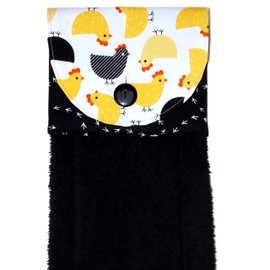 Hanging Hand Towel - Bath Towel - Plush Black Towel - Yellow & Black Chicks And Footprints Fabric - Handmade by Green Acorn Kitchen