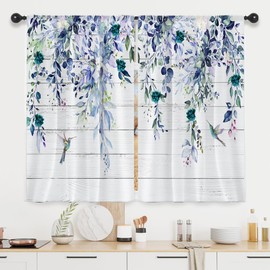 Visioun Farmhouse - Cortinas de cocina con hojas azules de eucalipto, color verde azulado, diseño de colibrí botánico pequeño y corto para café, cortina de ventana de madera clásico (27.5 x 39