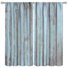 JESTRONRY Vintage Style Kitchen Curtains,Rustic Country Farmhouse Barn Door Grey Blue Wood Planks Texture Print Rod Pocket Window Drapes for Living Room Bedroom,2 Panel Set W42xL54in