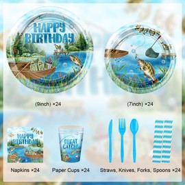 Avezano 192 Pcs Gone Fishing Tableware Fishing Birthday Party Decoration Little Fisherman Gone Fishing Theme Disposable Plates, Napkins Cups Forks and Knives Supplies of Fishing Party for 24 Guests