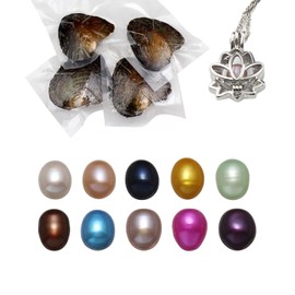 kiss me Oysters with Pearl Inside, Natural Oyster Pearl with DIY Necklace Making kit, Necklace Cage Locket Cultured Pearl in Oyster Set, Surprise Gift for Wife,Girlfriend,Mother (Lotus 10PCs/ 7-8mm)