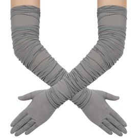 Hazhlko Women's Super Long Ruched Stretchy Mesh Tulle Sheer Gloves Costume Opera Party 1920's Dance Gloves Grey