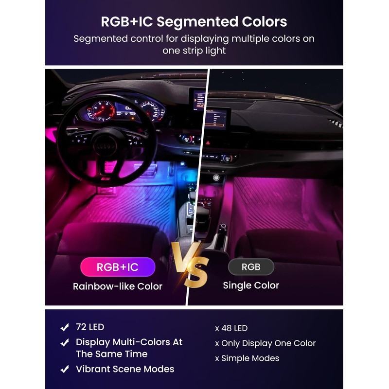 RGB+IC Car LED Lights, Smart 72 LED Car Interior Lights