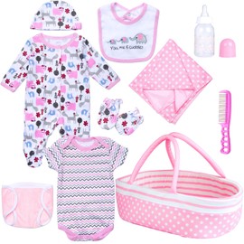 10-Pieces Reborn Baby Doll Clothes with Bassinet Blanket Diaper fit 17-22 inch Reborn Dolls Cute Pink Baby Doll Clothes and Accessories Set Newest Design