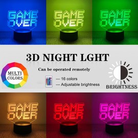 Deluisho 3D Illusion Night Light GameOver, 3D Lamp GameOver, 3D Night Light with Game Motif, Plastic Base with Acrylic Light Plate, 5V USB Power Supply, Suitable for Children's Room, Living Room, Desk