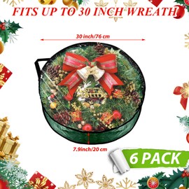 LDXDRU 6 Pack Wreath Storage Container, 30 Inch Wreath Storage Bags, Clear Christmas Wreath Storage Container with Sturdy Handles for Holiday Seasonal Decoration, Green