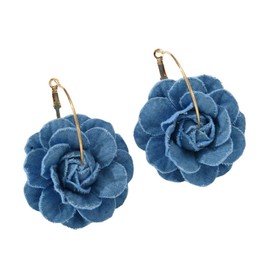 Big Denim Camellia Flower Statement Hoop Earrings for Women Blue Blossom Gold Plated Large Huggie Dangle Drop Earring Fashion Jewelry Gifts Birthday
