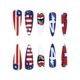 24 Pcs 4th of July Press on Nails Long Almond Fake Nails American Flag Design Glue on Nails Pattern Full Cover False Nails Nude Patriotic Stick on Nails for Independence Day Manicure Tips