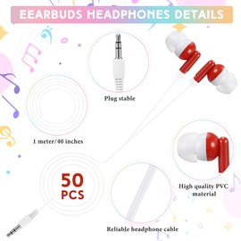 Saysurey 50 Pack Earbud Bulk Headphone Earphone Earbud with Wire Individually Bagged Wired in Ear Buds(Red)