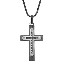 Metro Jewelry 0.18 Carat Round Cubic Zirconia Two Tone Layered Cross Pendant Necklace for Men in Stainless Steel with Black Ion Plating on 24 Inches Long Box Chain, Metal Gemstone, Cubic Zirconia